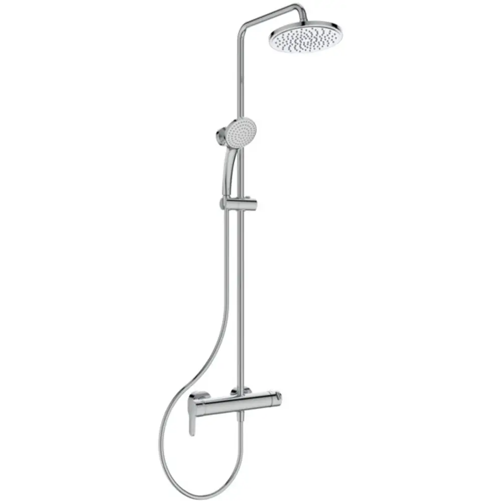Duschsystem von Ideal Standard mit einer großen Hauptbrause und einer Handbrause. Edelstahl-Optik, an einer Wand montiert, zeigt eine klare und funktionale Gestaltung.